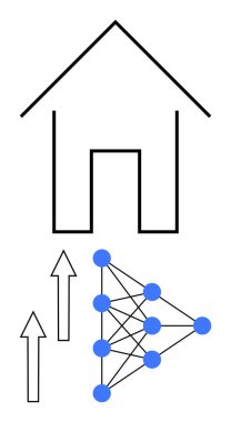 Yukarıdaki ev çizgisi mavi düğümlü ve bağlantılı sinirsel ağ diyagramını gösteriyor. Yapay zeka, otomasyon, bağlantı, makine öğrenimi, teknoloji, yenilik, verimlilik için ideal