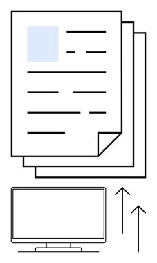 Metin satırları ve ince mavi bir kutusu olan dokümanlar yığını, aşağıda bilgisayar monitörü, yukarı bakan oklar. Belge yönetimi, dijital organizasyon, ofis iş akışı, iş süreçleri için ideal