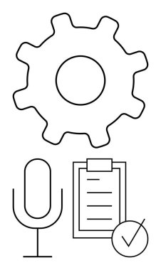 Vites, mikrofon, iş akışını, otomasyonu, organizasyonu ve verimliliği simgeleyen kontrol listesi. Teknoloji, yönetim, iletişim verimliliği takım çalışması planlaması için ideal