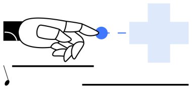 Haça bağlı mavi bir noktaya uzanan robot el, sağlık teknolojisini, yeniliği ve yapay zeka entegrasyonunu sembolize ediyor. Sağlık hizmetleri, yapay zeka, robot bilimi, tıbbi yenilik, teknolojik gelişim için ideal