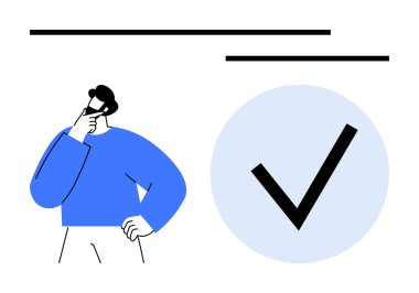 Mavi gömlekli bir adam çenesinde eli olan bir fikir üzerinde kafa yoruyor, üzerinde kontrol işareti olan koyu mavi bir çemberin yanında duruyor. Karar verme, onaylama, onaylama ve beyin fırtınası için ideal.