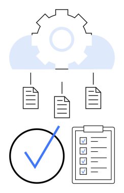 Belgelere bağlı bulut dişli simgesi veri senkronizasyonunu, kontrol listesini ve tik sembolünü temsil eder. İşbirliği, organizasyon, verimlilik, görev izleme, verimlilik, iş akışı, düz