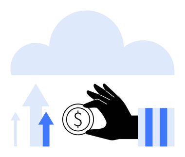 Elde tutulan bozuk para, yukarı doğru ok ve bulutlu fon finansal büyüme, parasal yatırım, bulut tabanlı hizmetler, ekonomik başarı, yenilik, yükselen eğilimler ve iş anlayışını temsil ediyor.