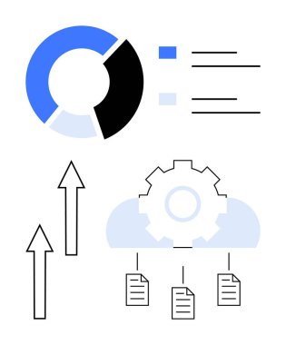 Turta grafiği veri içgörüsü, otomasyonu simgeleyen teçhizatlı bulut, senkronizasyonu temsil eden dosyalar ve büyümeyi gösteren oklar. Veri analizi, bulut, teknoloji, otomasyon, dosya için ideal