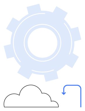 Bulut çizgisi ve mavi ok yarı saydam bir dişlinin altına doğru bakıyor. Senkronizasyon, verimlilik ve sistem otomasyonunu ima ediyor. Teknoloji, yenilik, yazılım, bulut servisi, veri için ideal