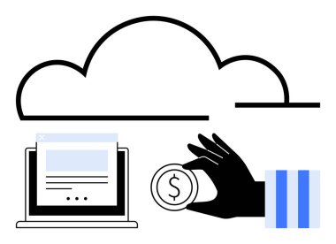 Bilgisayarın üstünde bulut ve çevrimiçi bir form ve bozuk para tutan bir el çevrimiçi işlemleri gösterir. Finans, bulut depolama, e-ticaret, teknoloji, dijital ödeme, iş, modern