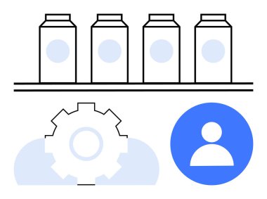 Rafta süt kutuları, büyük vites, bulut şekli ve mavi kullanıcı simgesi. Üretim, ambalaj, iş akışı, kullanıcı yönetimi teknolojisi lojistik ticareti için ideal. Düz basit metafor