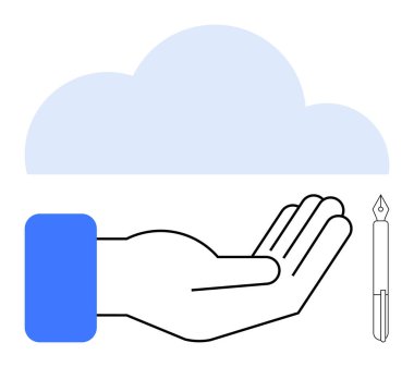 Bulutların altında dolmakalemle elini aç. Teknoloji, veri paylaşımı, yaratıcılık, yenilik, iletişim, yazma ve depolama kavramları için idealdir. Minimalist düz metafor