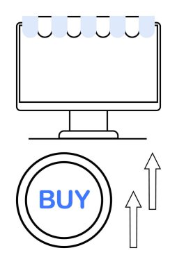 Depo önü güneşlikli bilgisayar monitörü, alttaki büyük satın alma düğmesi, yukarı doğru büyümeyi simgeleyen oklar. E-ticaret, perakende satış, çevrimiçi satış, satın alma, pazarlama, iş büyümesi dijital için ideal