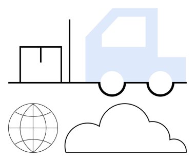 Küresel lojistik, çevrimiçi dağıtım, sürdürülebilir nakliye, ihracat, ithalat, tedarik zinciri ve e-ticaret platformlarını temsil eden bir kutu taşıyan bir kamyon. Modern lojistik için ideal.