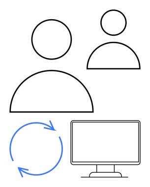 Soyut kullanıcı simgeleri, süreç veya güncellemeleri sembolize eden dairesel oklar ve etkileşimi, bağlantıyı ve iş akışını vurgulayan bir monitör. İşbirliği, otomasyon, dijital araçlar, iş akışı için ideal