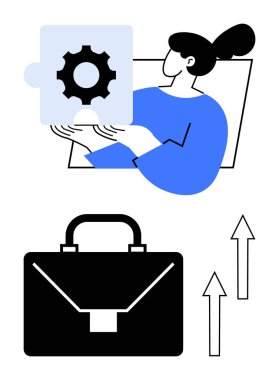 Elinde teçhizatlı, siyah çantalı ve yukarı bakan oklar problem çözmeyi, kariyer büyümesini, iş fırsatlarını, üretkenliği, yeniliği, motivasyonu ve başarıyı simgeliyor. Düz