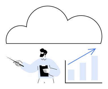 İşaretçi kullanarak bulut hesaplama kavramını profesyonel bir şekilde sunmak, büyüme okuyla grafiğin yanında bir pano tutmak. İş, teknoloji, analitik, ilerleme, yenilik, veri başarısı için idealdir. Düz