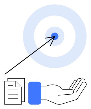 Belgelerle uzatılmış, ok hedefi vuruyor. Hedef belirleme, strateji, yardım önerme, başarı, doğruluk, takım çalışması için ideal. Düz basit metafor