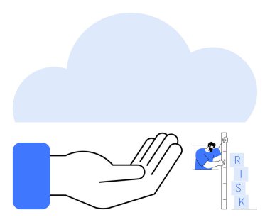 Büyük bir bulutun altında, istikrar göstergesinde risk bloklarını düzenleyen biriyle el açık. Bulut hesaplama, koruma, risk yönetimi, destek, teknoloji, güvenlik, sürdürülebilirlik için ideal. Düz