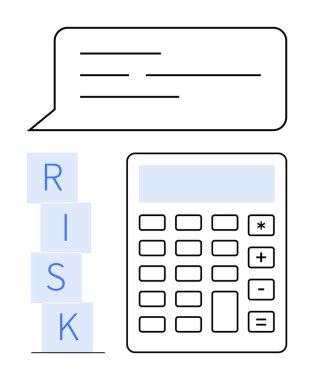 RISK blokları ve metin baloncuklarının yanındaki hesap makinesi. Finans, planlama, uyum, risk analizi, karar verme, hesaplamalar, soyut düz metafor için ideal