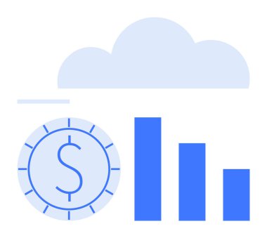 Saatte bir dolar işaretinin üzerinde bulut, çizelgenin yanında. Finans, bulut teknolojisi, veri analizi, maliyet stratejisi, ekonomik planlama, zaman yönetimi için ideal, düz basit metafor