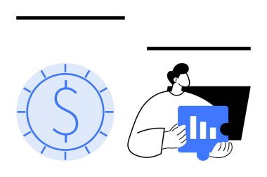 Profesyonel iş adamı bulmaca çizelgesini büyük madeni para simgesinin yanında tutuyor. Finans, strateji, takım çalışması, veri görselleştirme, büyüme, planlama ve yenilik kavramları için idealdir. Düz basit