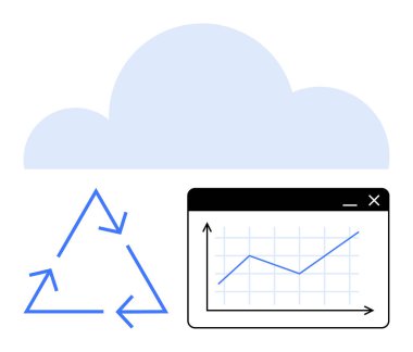 Bulut arkaplanı, geri dönüşüm okları üçgen oluşturuyor, büyüme grafiği yükselişte. Sürdürülebilirlik, veri yönetimi, bulut teknolojisi, çevre dostu büyüme, çevrimiçi ilerleme ve küresel etki için ideal