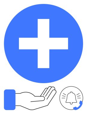 Cesur tıbbi haç ve telefon bilgilendirme ikonu altında uzanan el. Sağlık hizmetleri, yardım, hizmet alarmları, güvenlik, bilgilendirmeler, sosyal yardım, mobil yardım için ideal. Düz basit metafor
