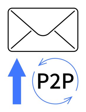 P2P 'nin etrafındaki zarf ve dairesel ok, yukarı doğru mavi ok, iletileri temsil eden, peer-to-peer işlemleri, dosya paylaşımı, işbirliği, ağ oluşturma, veri transferi. Dijital için ideal