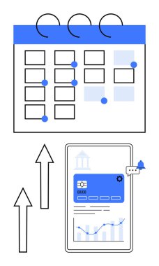 İşaretli olaylar takvimi, tabletteki dijital bankacılık uygulaması, ilerlemeyi gösteren oklar. Finansal planlama, ödemeler, programlama, verimlilik, teknolojik yenilik, kullanıcı arayüzü için ideal