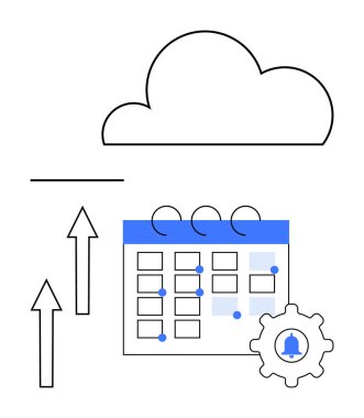 Vurgulanmış tarihli bir takvimin üstünde bulut, veri paylaşımını gösteren oklar ve çan simgesi olan bir dişli. Planlama, senkronizasyon, organizasyon, otomasyon, zamanlama, verimlilik için ideal
