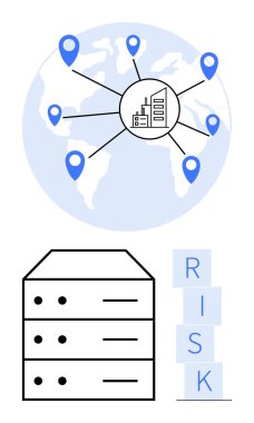 Merkezi sistem, sunucu yığını ve risk bloklarına bağlı küresel konumlar. Siber güvenlik, veri yönetimi, risk değerlendirmesi, bilişim altyapısı, bulut hesaplama, iş ağları için ideal