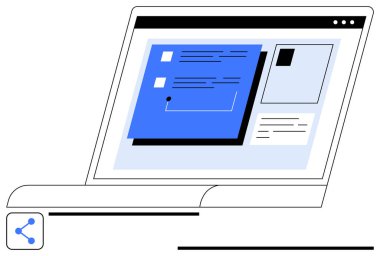 Organize düzen, simgeler ve etkileşimli elementlerle arayüzü gösteren dizüstü bilgisayar ekranı. Teknoloji, iletişim, verimlilik, işbirliği, ağ paylaşım eğitimi için ideal. Düz