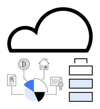 Turta grafiğinin üstündeki büyük bulut çizgisi, blok zinciri, ev, belgeler ve sunucu yığını görsel olarak bağlandı. Teknoloji, finans, veri depolama, engelleme ağı analitiği dijital ekonomi için ideal