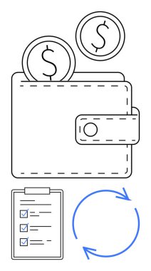 Bozuk paralar, kontrol listesi ve bütçe planlamasını, gider takibini ve finansal verimliliği gösteren dairesel oklarla dolu cüzdan. Finans, bütçe, tasarruf, yatırım ve iş planlaması için ideal