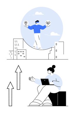 Kentsel yayda profesyonel dengeleme yeniliği ve ortaklığı, verileri dizüstü bilgisayarla analiz eden kadın, yukarı doğru oklar. Ticari büyüme, yenilik, teknoloji, işbirliği, strateji, takım çalışması için ideal