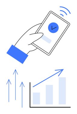Kontrol işareti tebligatıyla el ele tutuşan akıllı telefon. Büyüme grafiği ve yükselen oklar başarı, ilerleme ve iş büyümesini gösteriyor. Üretkenlik, motivasyon, hedef belirleme, kariyer ve başarı için ideal