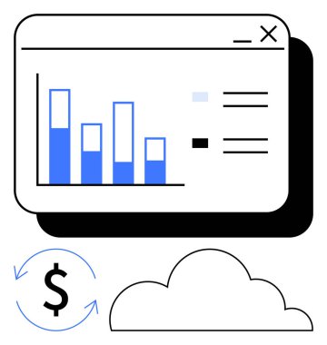 Tarayıcı penceresinin içinde veri alışverişini gösteren bulut, dolar işareti ve oklar olan çubuk grafik. Analiz, finans, bulut hesaplama, istatistik ve otomasyon performansı için ideal. Düz