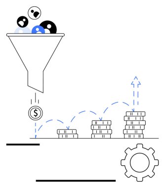 Huni izleyici simgelerini madeni paralara filtreler ve üretkenlik için oklar ve teçhizatla kademeli olarak yukarı doğru büyüyen yığınlar oluşturur. Pazarlama, büyüme, gelir, iş süreci ve veri filtreleme için ideal