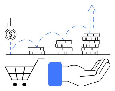 Kâr güzergahı, alışveriş arabası ve finansal büyümeyi gösteren açık el işaretleriyle yukarı doğru istiflenmiş paralar. Yatırım, e-ticaret, tasarruf, gelir ve refah ekonomisi ticareti için ideal. Düz basit