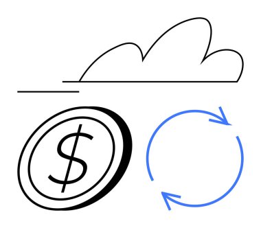 Paranın üstünde dolar işareti olan bulut, sürekliliği simgeleyen dairesel mavi oklar. Finans, bulut hesaplama, yenilenme, dijital ödemeler, işlem otomasyonu, tasarruf sürdürülebilirliği için ideal. Düz basit