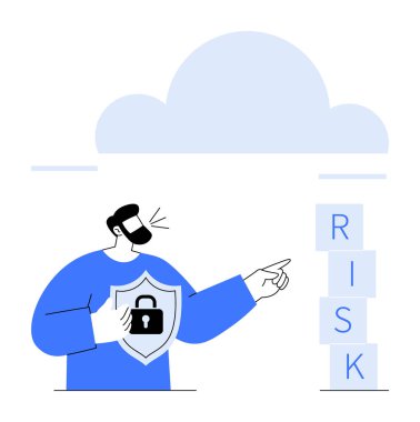 Kalkan tutan kişi kilit noktalarında RISK 'i bulut grafiği altında tutuyor. Siber güvenlik, dijital güvenlik, bulut hesaplama, risk yönetimi, veri gizliliği, bilişim çözümleri, soyut çizgi için ideal