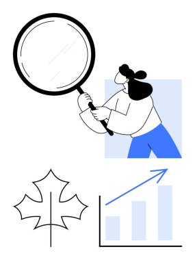 Kadın, bar çizelgesi ve akçaağaç yaprağının yanında büyüteçle analiz ediyor. Araştırma, keşif, büyüme, veri analizi, çevre araştırması, gözlem eğitimi için idealdir. En küçük düz düz