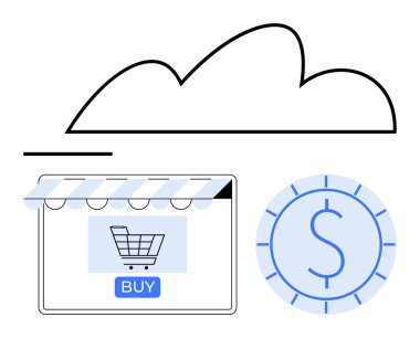 E-ticaret mağazasının üzerinde alışveriş arabasıyla bulut ve para biriminin yanında satın alma düğmesi. E-ticaret, bulut hesaplama, çevrimiçi alışveriş, dijital işlemler, fintech, perakende, web için ideal