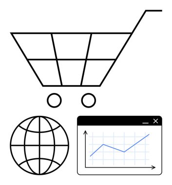 Alışveriş arabası, küre ve analitik grafik penceresi online alışveriş, küresel ulaşım ve veri odaklı işi sembolize ediyor. E-ticaret, dijital pazarlama, analitik, küresel ticaret satış büyümesi için ideal