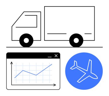 Kamyon ve uçak lojistiği ve küresel ulaşım büyüme grafiğini sembolize ediyor. Arz zinciri, dağıtım hizmeti, nakliye, veri analizi, ağ oluşturma, iş büyümesi, yenilik için ideal