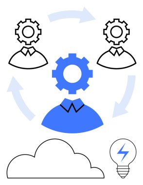 Oklarla birbirine bağlanmış üç dişli profil iş akışını ve işbirliğini simgeliyor. Yenilik için ampul ve süreç için bulut içerir. Takım çalışması, iş akışı, yenilik ve liderlik için ideal