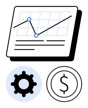 Çizelgedeki çizelge ilerlemeyi, işlem için vitesi ve finans için dolar işaretini temsil ediyor. Analiz, strateji, performans, planlama, üretkenlik ekonomisi büyümesi için ideal. Düz basit metafor