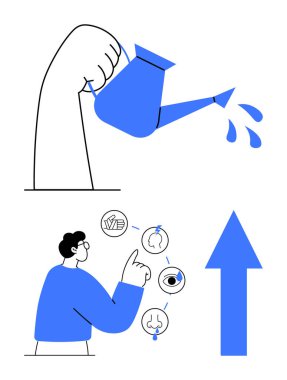 Sulama kabından su dökme, fikirleri ve ilerlemeyi sembolize eden ikonları analiz eden kişi, yukarı doğru büyük bir ok. Kişisel büyüme, strateji planlaması, yenilik, üretkenlik ve takım çalışması için ideal