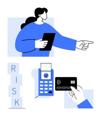 Tablet kullanan, ileriyi gösteren bir kadın, POS terminalinde kredi kartı ödemesi, basılı makbuz, risk blokları. Finans, e-ticaret, güvenlik, teknoloji, karar verme ve risk yönetimi için ideal soyut