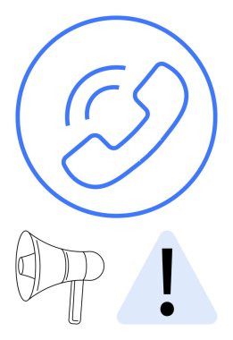 Çemberin içinde megafon ve uyarı işareti ile eşleştirilmiş bir telefon ikonu. Uyarı, iletişim, acil durum, duyuru, destek, uyarı, bilgi paylaşımı için ideal, düz basit metafor