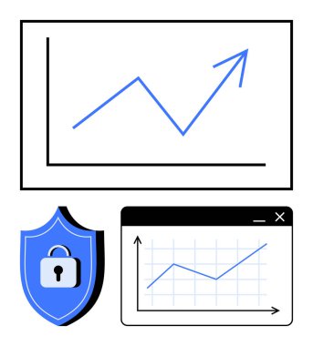 Grafikte yükselen grafik ve kilitli kalkanla tarayıcı açılımı güvenlik, büyüme takibi ve veri korumasını temsil ediyor. Finans, analitik, güvenlik, büyüme, yenilik, gizlilik dijital için ideal