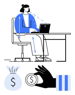 Ergonomik duruş kılavuzu okları, para çantası, elinde para çantası ve mali bar metaforu olan bir kadın masada oturuyor. Üretkenlik, ergonomik, gelir, iş hayatı dengesi ve ofis için ideal