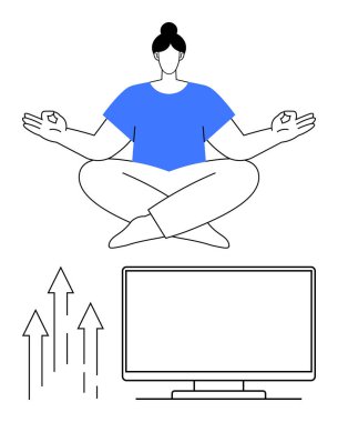 Nilüfer pozisyonunda yoga yapan bir birey, yakınlarda yükselen okları olan bir bilgisayar monitörünün üzerinde. Farkındalık, stres atma, dijital detoks, odaklanma, üretkenlik, zihinsel sağlık için ideal